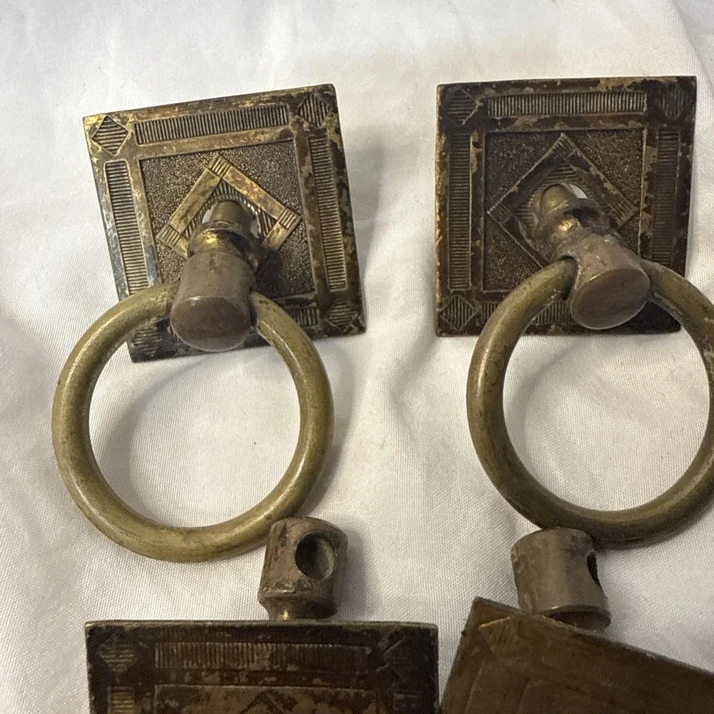 Vintage Lot Brass 6 Arts & Crafts drawer Square Ring pull Steampunk Boho Diamond